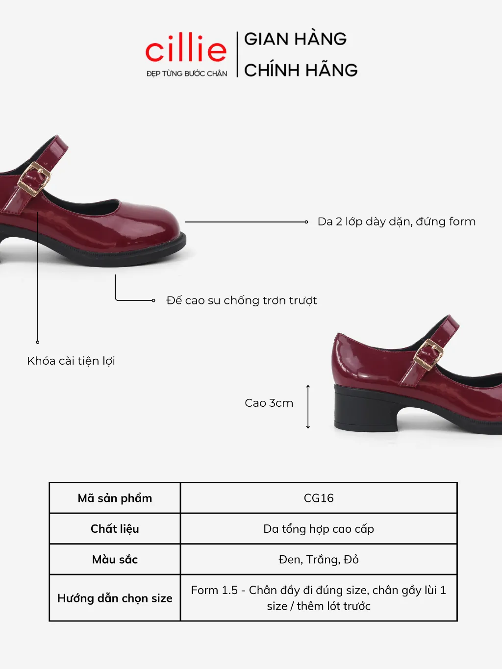 Ảnh Giày Mary Jane Nữ Mũi Tròn Cillie Gót Vuông Cao 5p Chống Trơn Da PU Mềm Không Đau Chân CG16 2