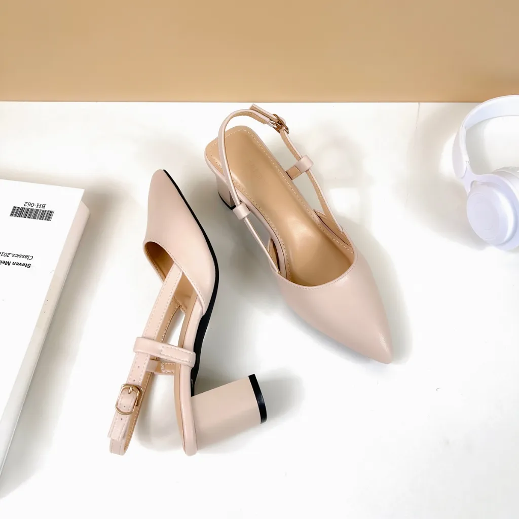 Ảnh Giày Sandal 5cm Cao Gót Nữ Công Sở Mũi Nhọn, Guốc Nữ Đế Vuông Quai Sau Da Thật Cao Cấp N05A8 3