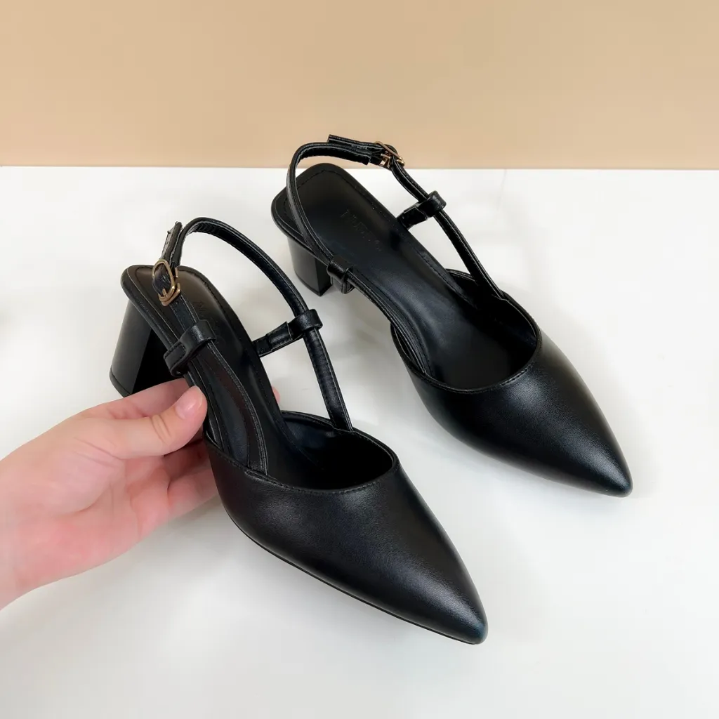 Ảnh Giày Sandal 5cm Cao Gót Nữ Công Sở Mũi Nhọn, Guốc Nữ Đế Vuông Quai Sau Da Thật Cao Cấp N05A8 4