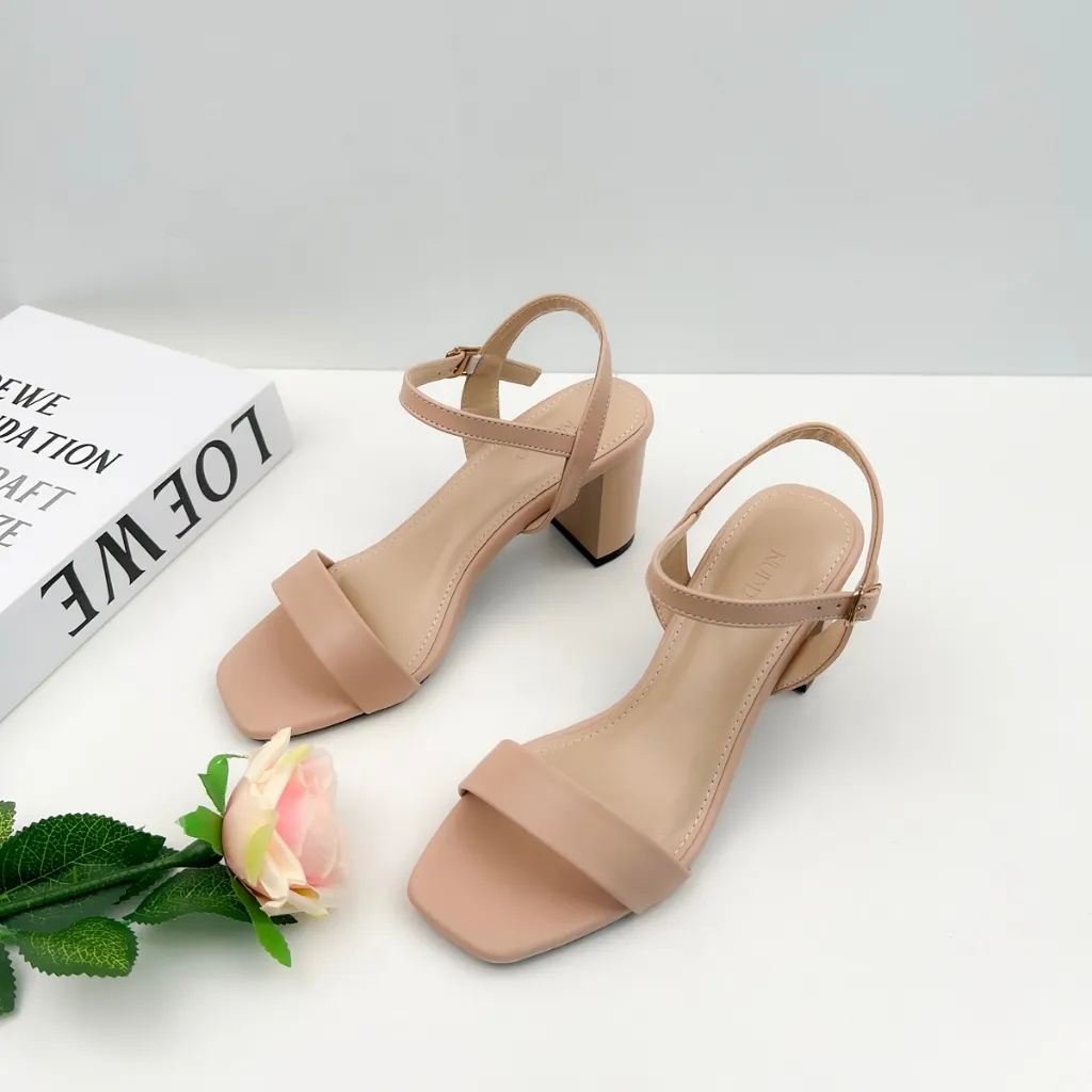 Ảnh Giày Sandal Cao Gót Nữ 7p Đế Vuông, Guốc nữ Tôn Dáng Quai Ngang Thiết Kế Basic NUDDO N702 2
