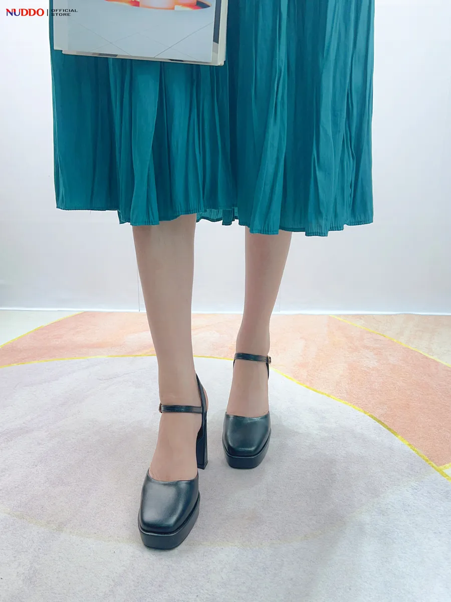 Ảnh Giày Sandal Cao Gót Nữ Đế Vuông Bít Mũi Cao 9 Phân Da Thật, Guốc Hoa Hậu Nữ Đế Đúp Mũi Vuông 9cm NUDDO N908 4