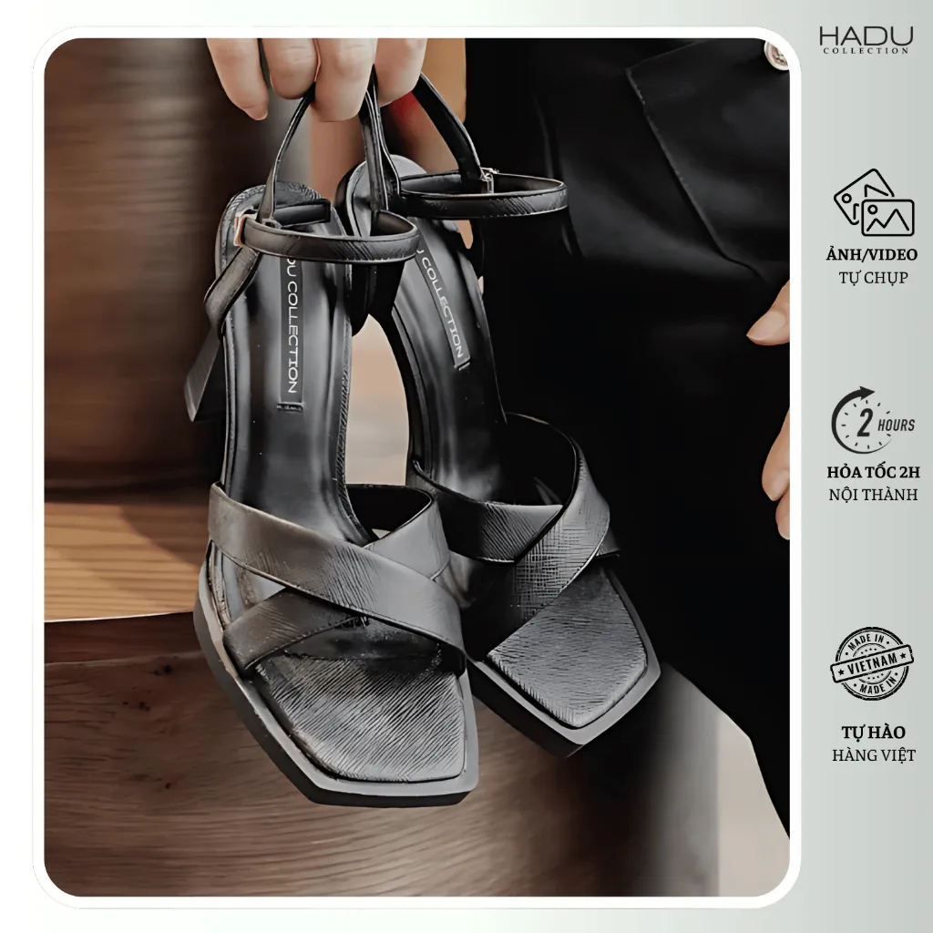 Ảnh Giày Sandal Gót Vuông 9P Đế Đúp Quai Chéo HADU M962 Da PU Vân Cát Đế TPR Chống Trơn Bảo Hành 12T 2