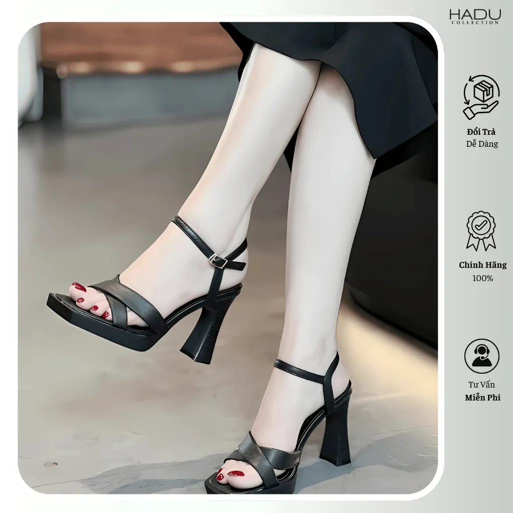 Ảnh Giày Sandal Gót Vuông 9P Đế Đúp Quai Chéo HADU M962 Da PU Vân Cát Đế TPR Chống Trơn Bảo Hành 12T 4