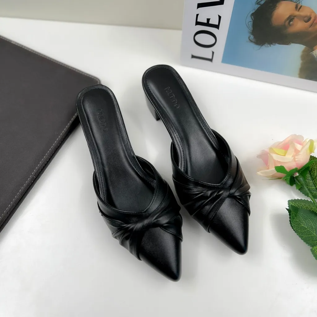 Ảnh Giày Sục Nữ Cao Gót Mũi Nhọn Phối Nơ Đế Vuông 3cm, Dép Guốc Nữ Bít Mũi Công Sở NUDDO _ NUSU3 4