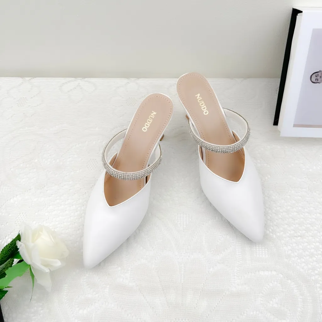 Ảnh Giày Sục Nữ Mũi Nhọn 7 Phân, Guốc Sandal Bít M ũiCao Gót Phối Dây Đá Sang Trọng NUDDO NS09 4