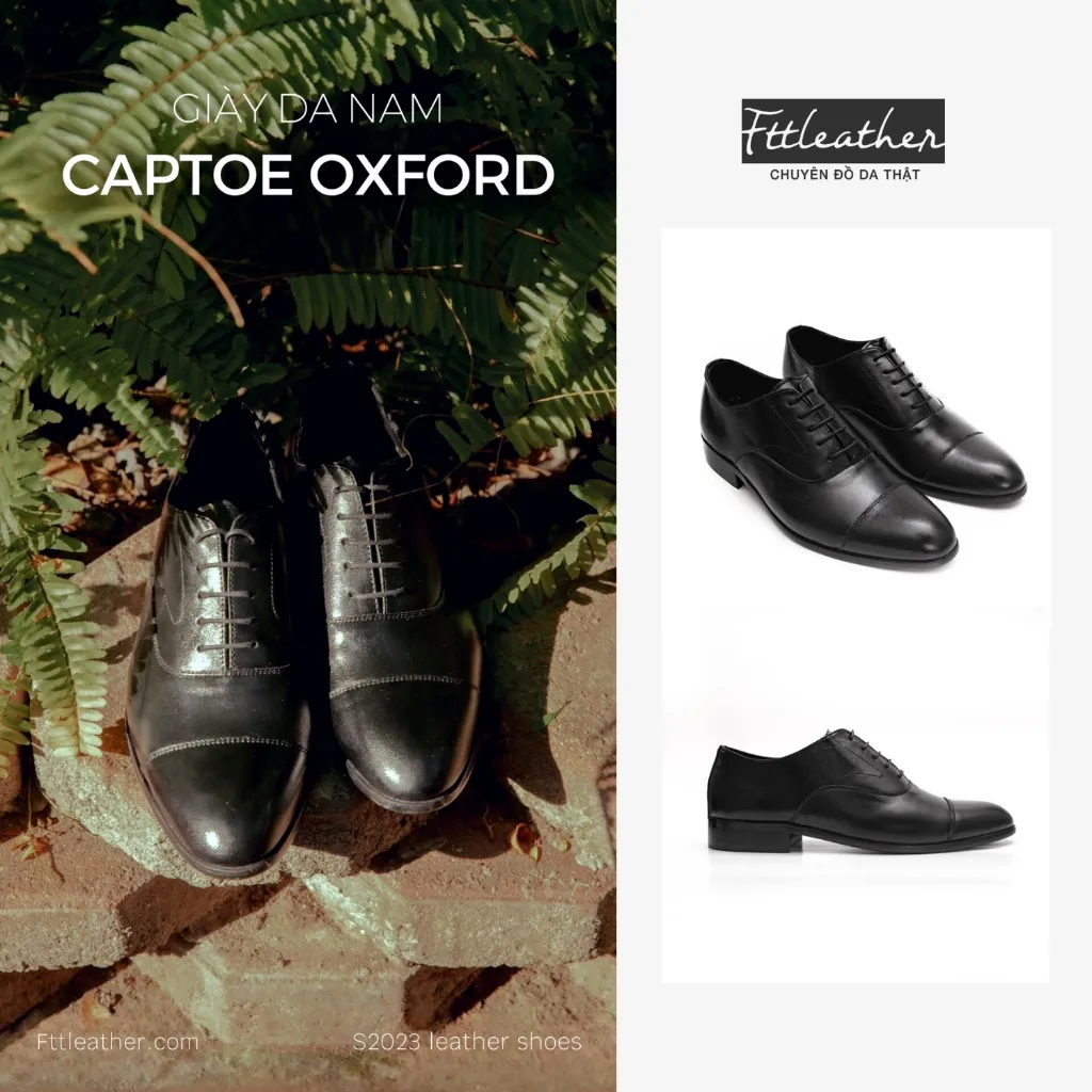 Ảnh Giày tây nam công sở buộc dây dáng oxford captoe da bò trơn màu đen FTT Leather mã F635 1