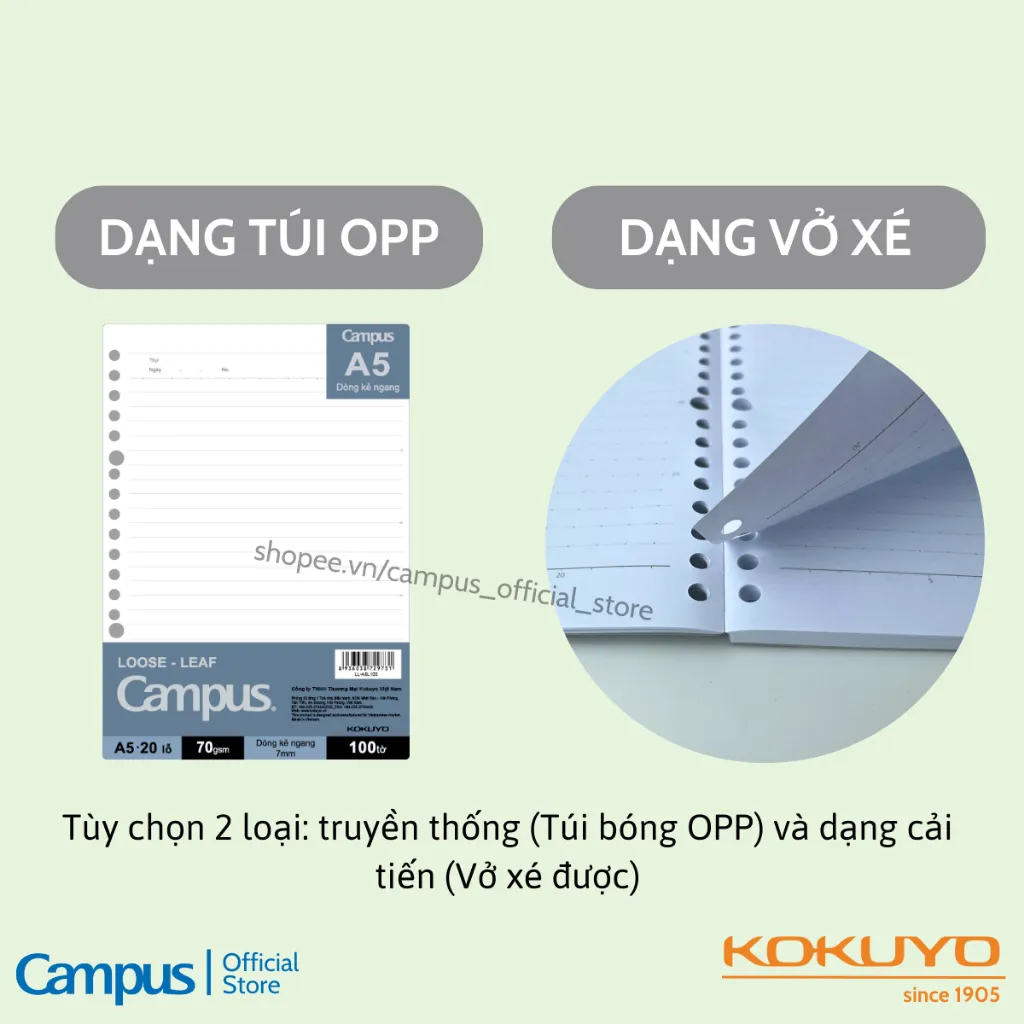 Ảnh Giấy Đục Lỗ Loose-Leaf Binder Refill (Dạng Vở Xé & Dạng Túi) Ruột Sổ Còng A5/B5 50/100 Tờ Chính Hãng Campus 2