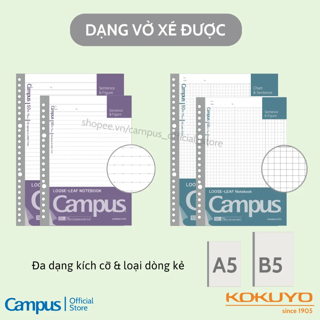 Ảnh Giấy Đục Lỗ Loose-Leaf Binder Refill (Dạng Vở Xé & Dạng Túi) Ruột Sổ Còng A5/B5 50/100 Tờ Chính Hãng Campus 4