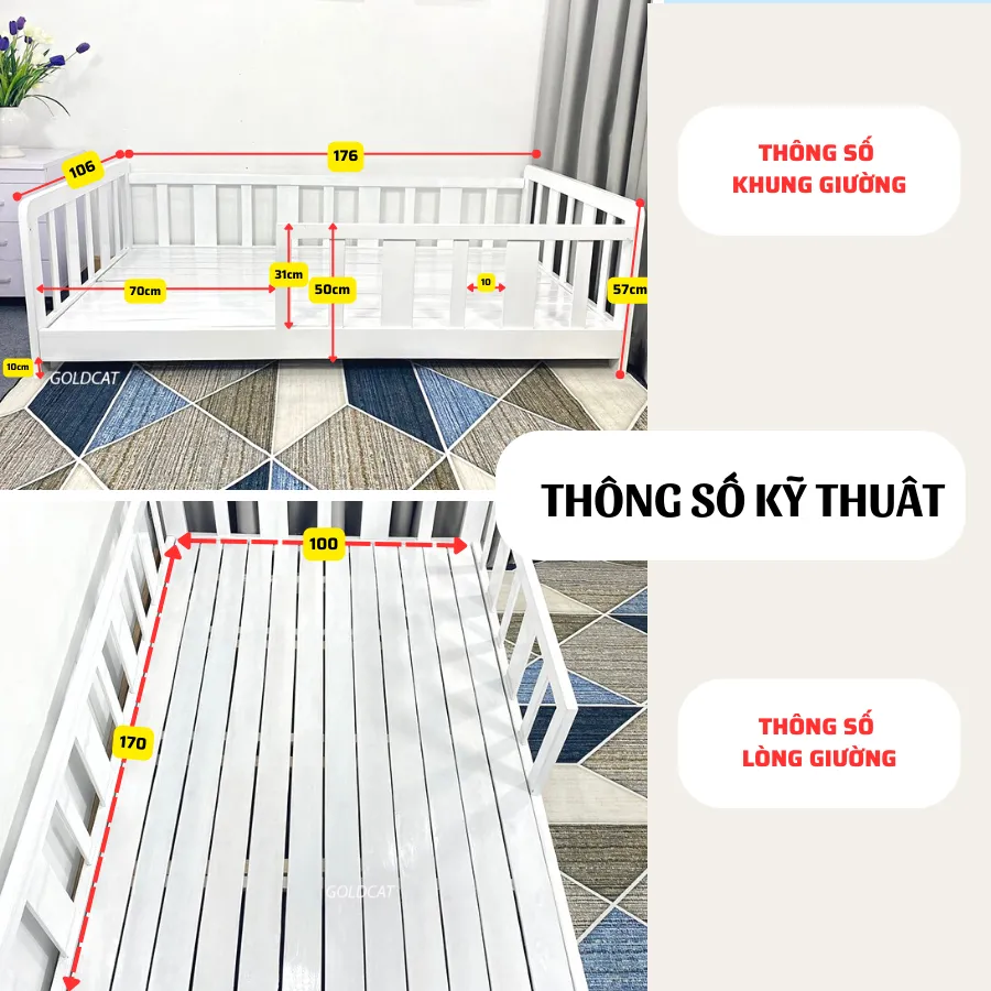 Ảnh Giường Gỗ GOLDCAT Cho Trẻ Từ 2-15 Tuổi Phong Cách Hàn Quốc, Trọng Tải Tối Đa 180kg, Gỗ Quế An Toàn 2