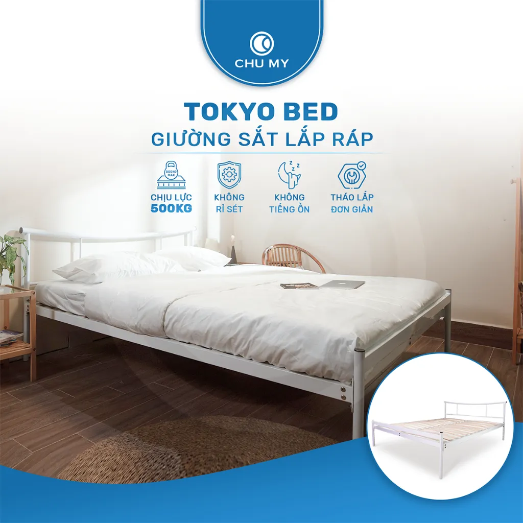 Ảnh Giường ngủ lắp ráp TOKYO CHU MY, khung thép sơn tĩnh điện, màu đen nhám/trắng bóng, nhiều kích thước 2