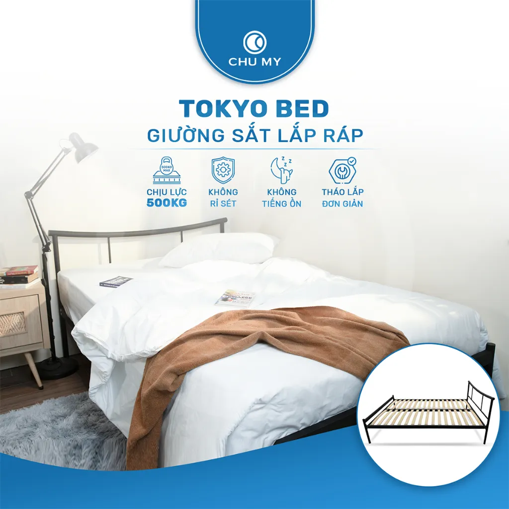 Ảnh Giường ngủ lắp ráp TOKYO CHU MY, khung thép sơn tĩnh điện, màu đen nhám/trắng bóng, nhiều kích thước 3