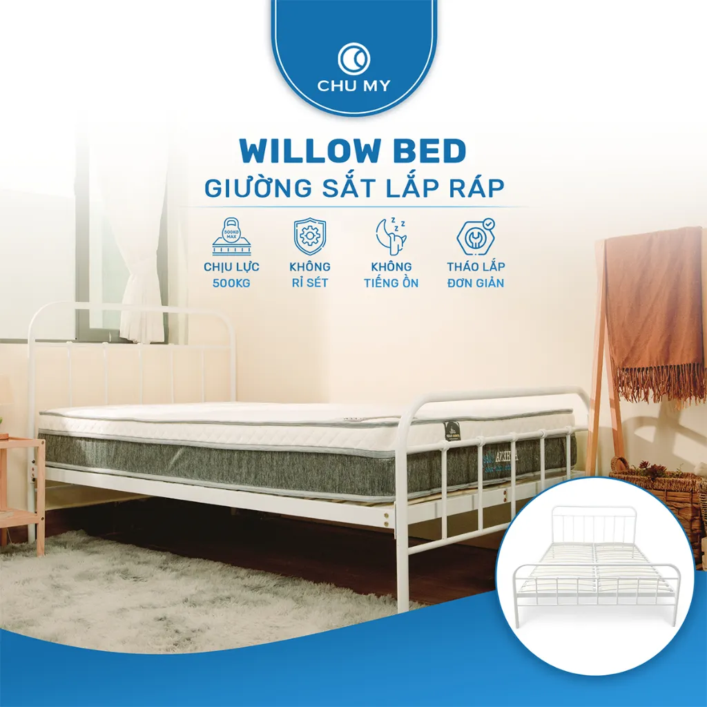 Ảnh Giường Sắt WILLOW CHU MY - Khung Thép Sơn Tĩnh Điện, Chân Chắc Chắn, Dễ Lắp Ráp, Màu Đen/Trắng 2