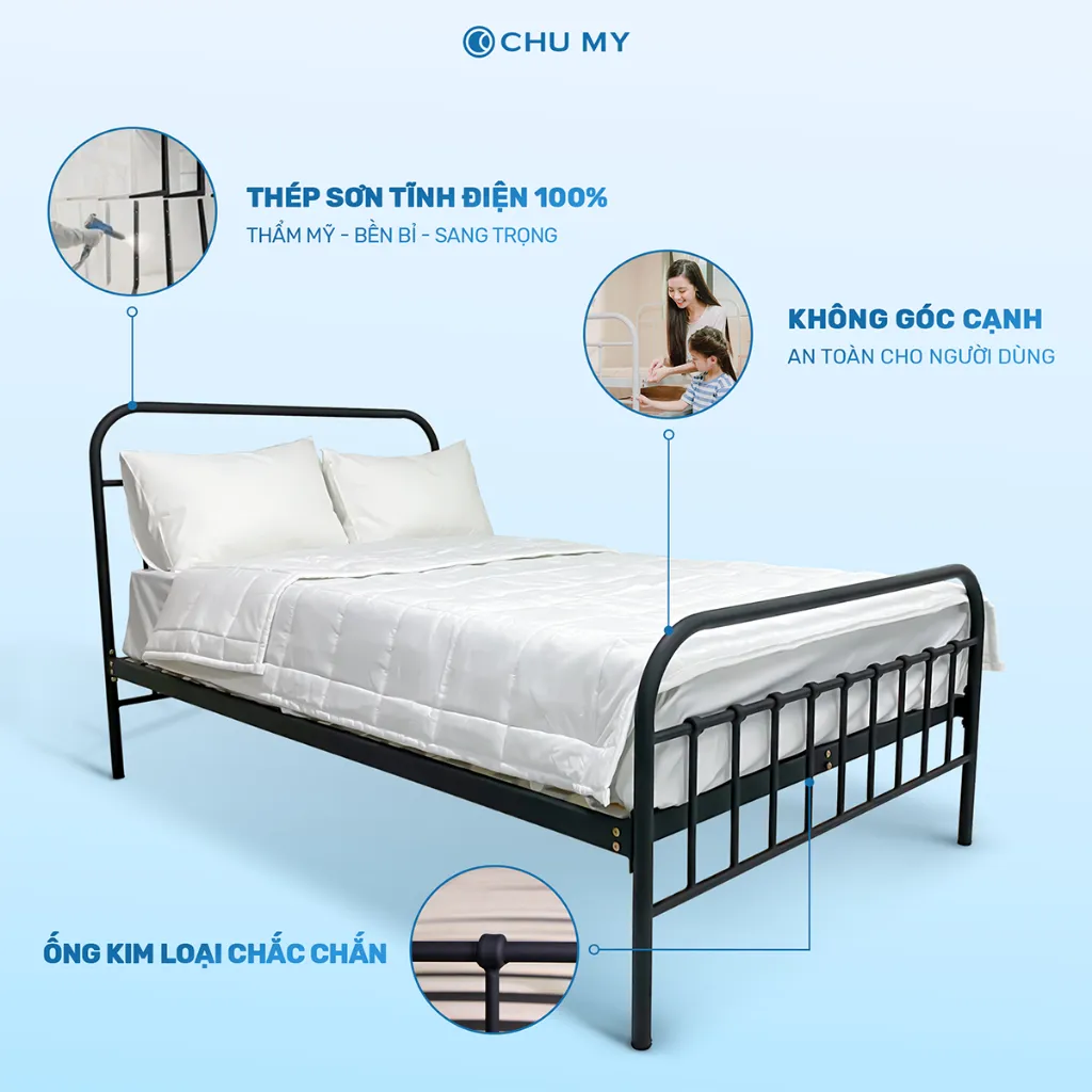 Ảnh Giường Sắt WILLOW CHU MY - Khung Thép Sơn Tĩnh Điện, Chân Chắc Chắn, Dễ Lắp Ráp, Màu Đen/Trắng 3