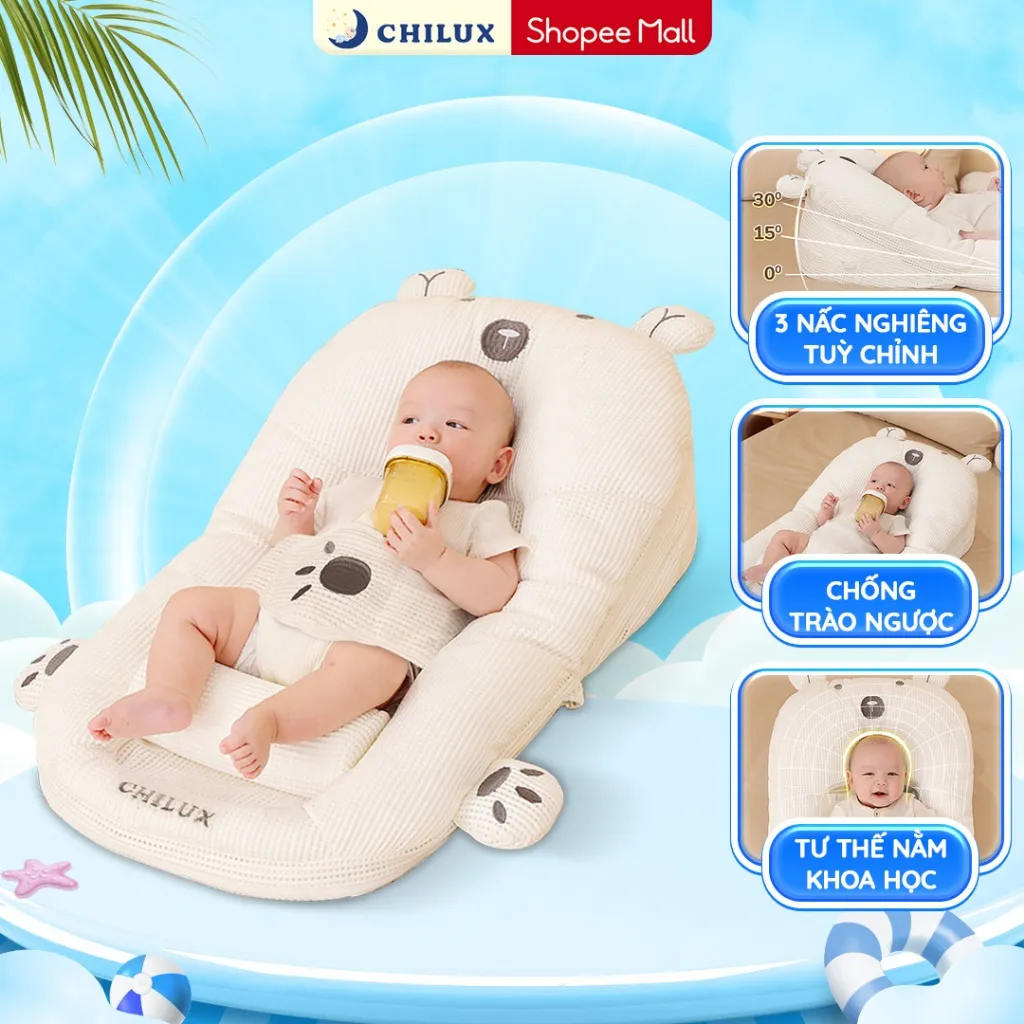Ảnh Gối chống trào ngược cho bé gấu trắng Chilux - Thiết kế 3 nấc nghiêng tuỳ chỉnh, gối định hình 1