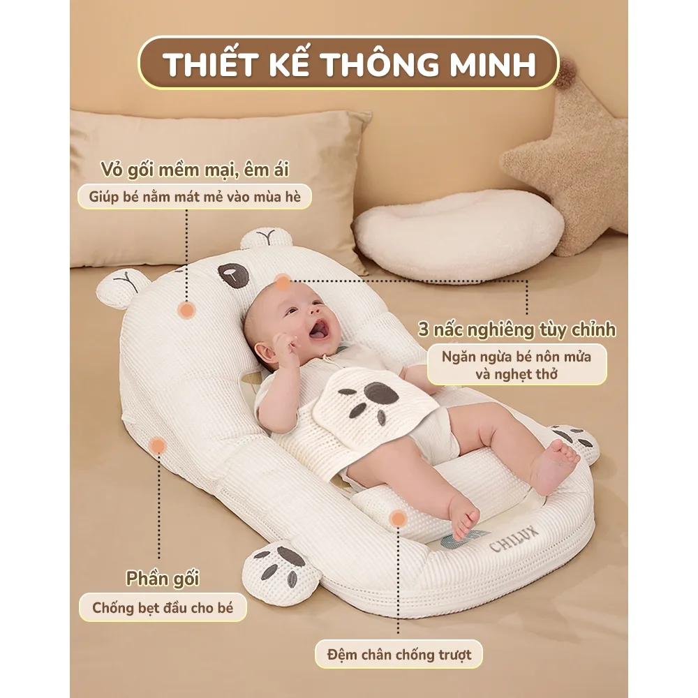 Ảnh Gối chống trào ngược cho bé gấu trắng Chilux - Thiết kế 3 nấc nghiêng tuỳ chỉnh, gối định hình 2