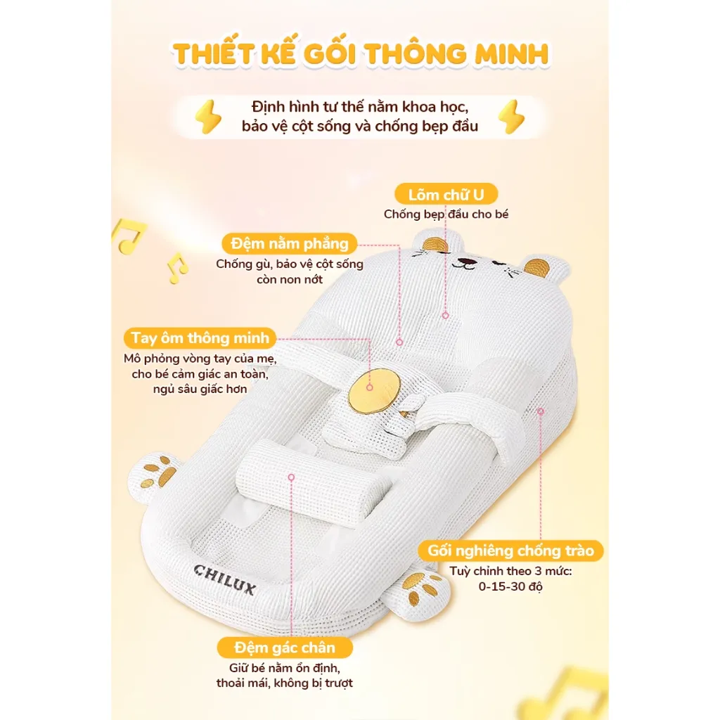 Ảnh Gối chống trào ngược cho bé Hổ vàng Chilux - Thiết kế 3 nấc nghiêng tùy chỉnh, gối định hình 2