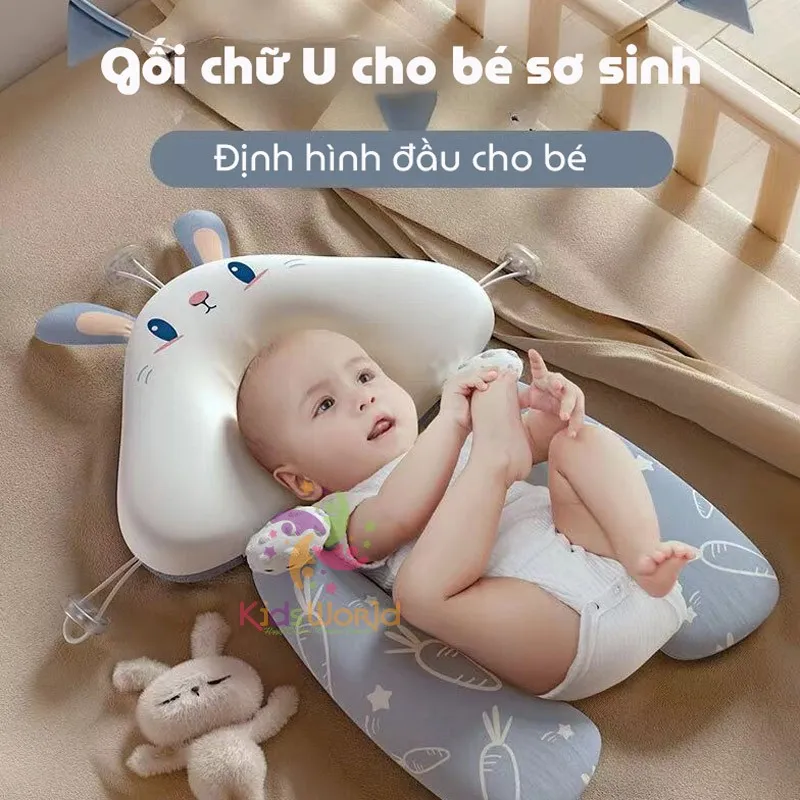 Ảnh Gối chữ U chống giật mình cho bé, có định hình chống bẹp đầu cho trẻ sơ sinh có kèm dây rút điều chỉnh vòng đầu 1