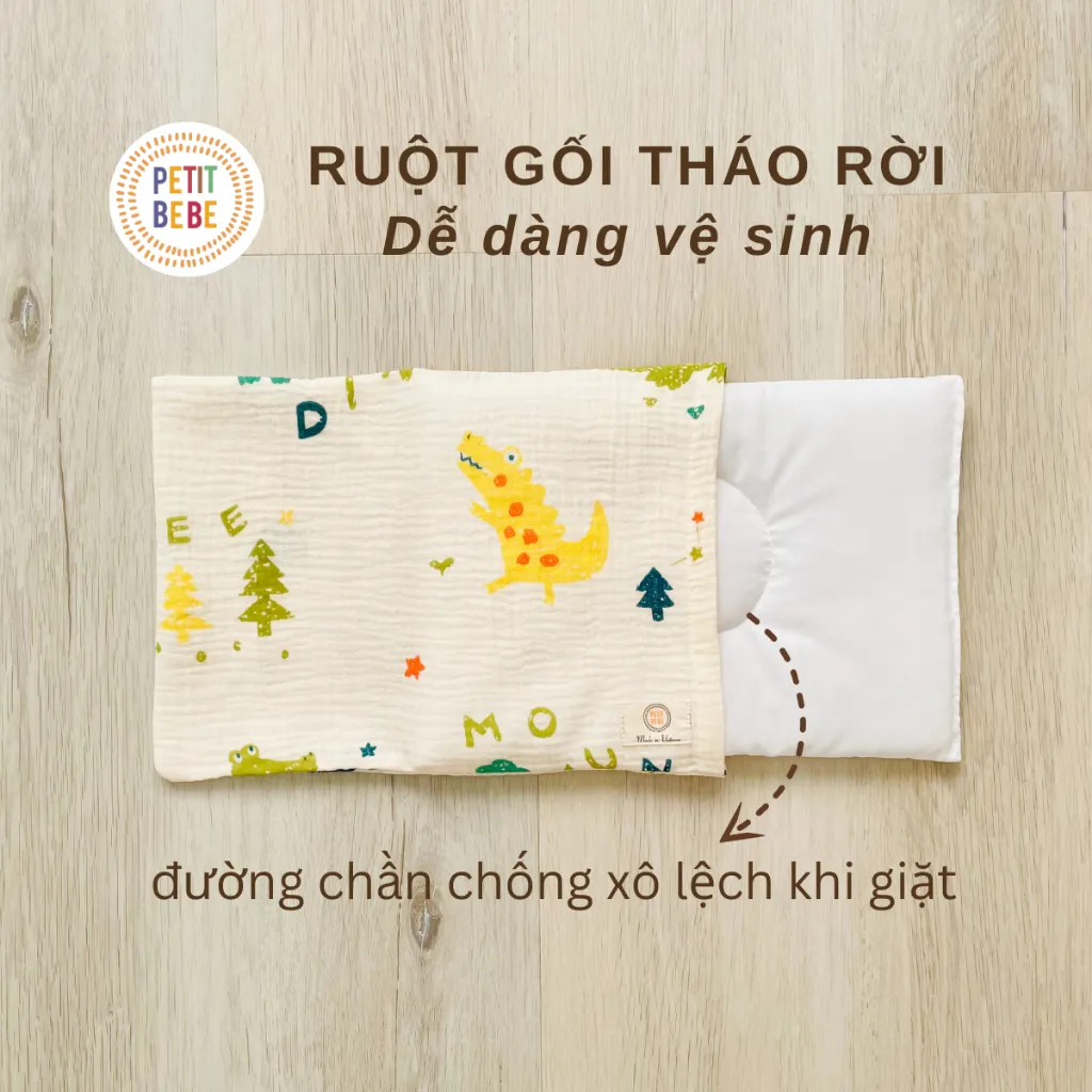 Ảnh Gối mỏng lót đầu bé sơ sinh Petit Bebe muslin thấm hút thoáng khí hoạ tiết đáng yêu 2