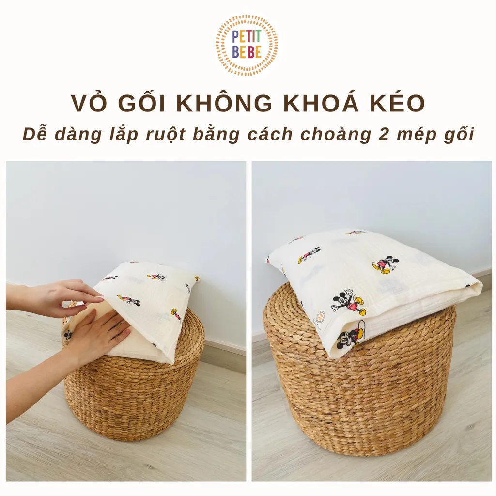 Ảnh Gối nằm cho bé mẫu giáo tiểu học muslin Petit Bebe 30x50cm mềm mát thoáng khí 4