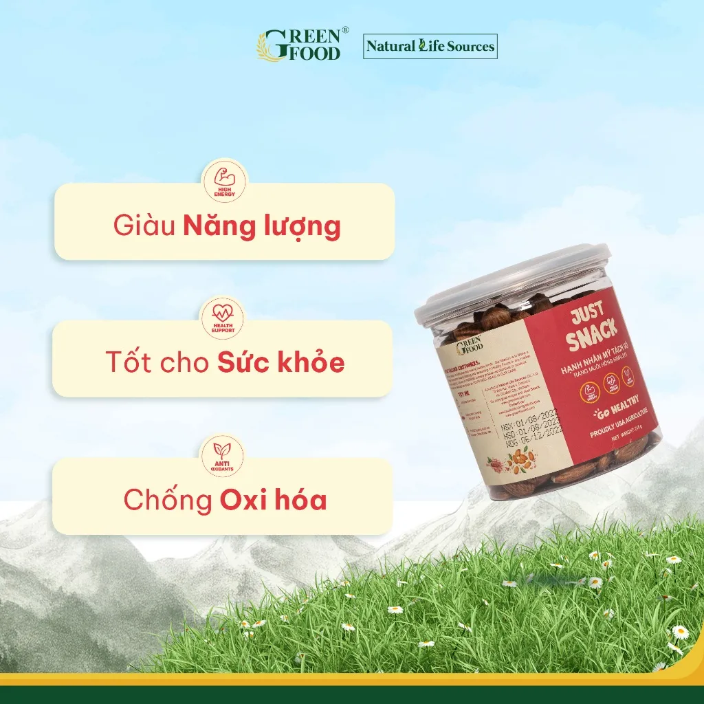 Ảnh Hạnh Nhân Mỹ Rang Muối Hồng Himalaya Just Snack Green Food Tách Vỏ | Hộp 215g 2