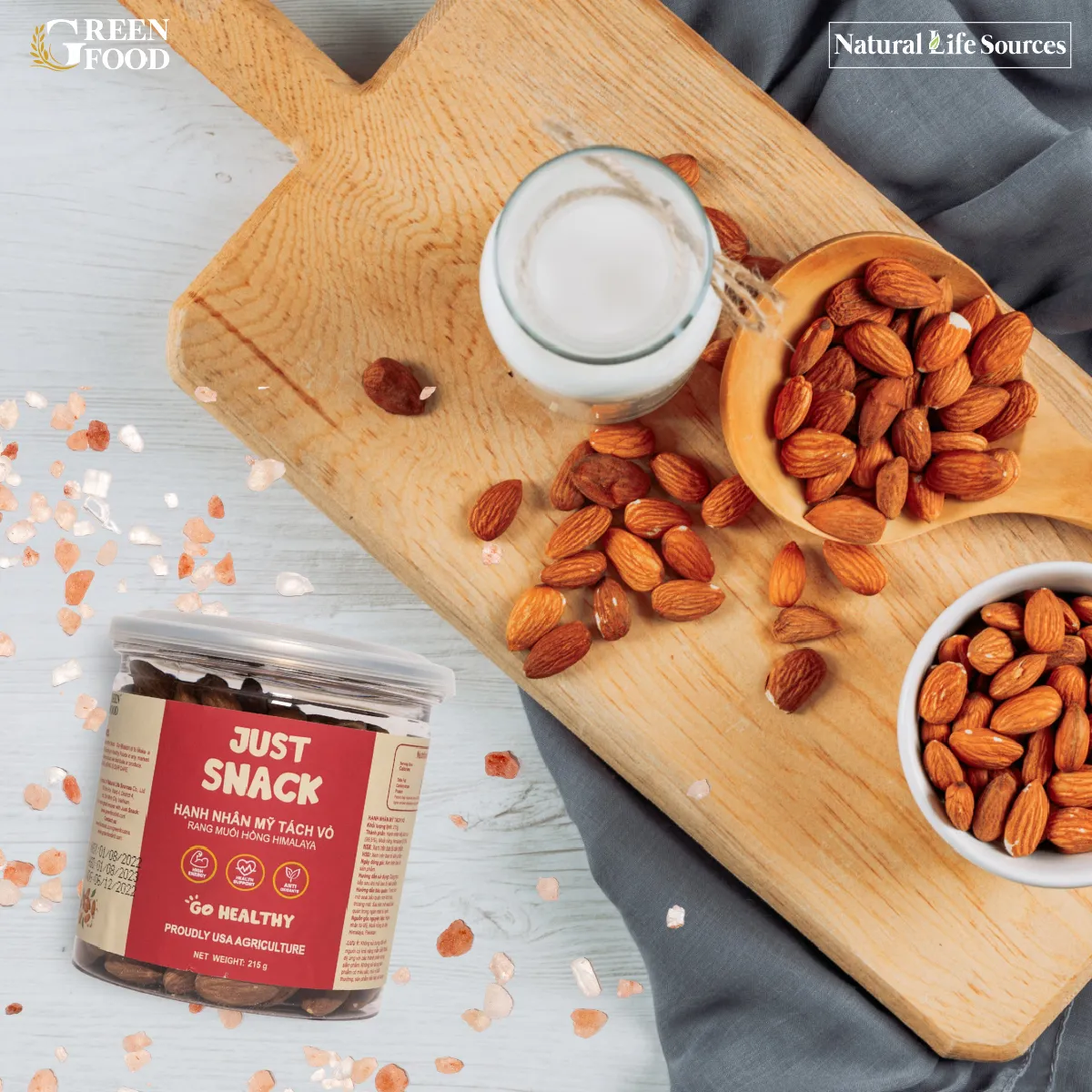 Ảnh Hạnh Nhân Mỹ Rang Muối Hồng Himalaya Just Snack Green Food Tách Vỏ | Hộp 215g 4
