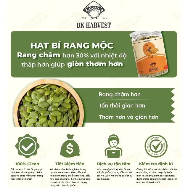 Ảnh Hạt Bí Xanh Rang Mộc DK Harvest 250g/500g | Thực Phẩm Giàu Kẽm và Magie, Tốt Cho Tim Mạch 2