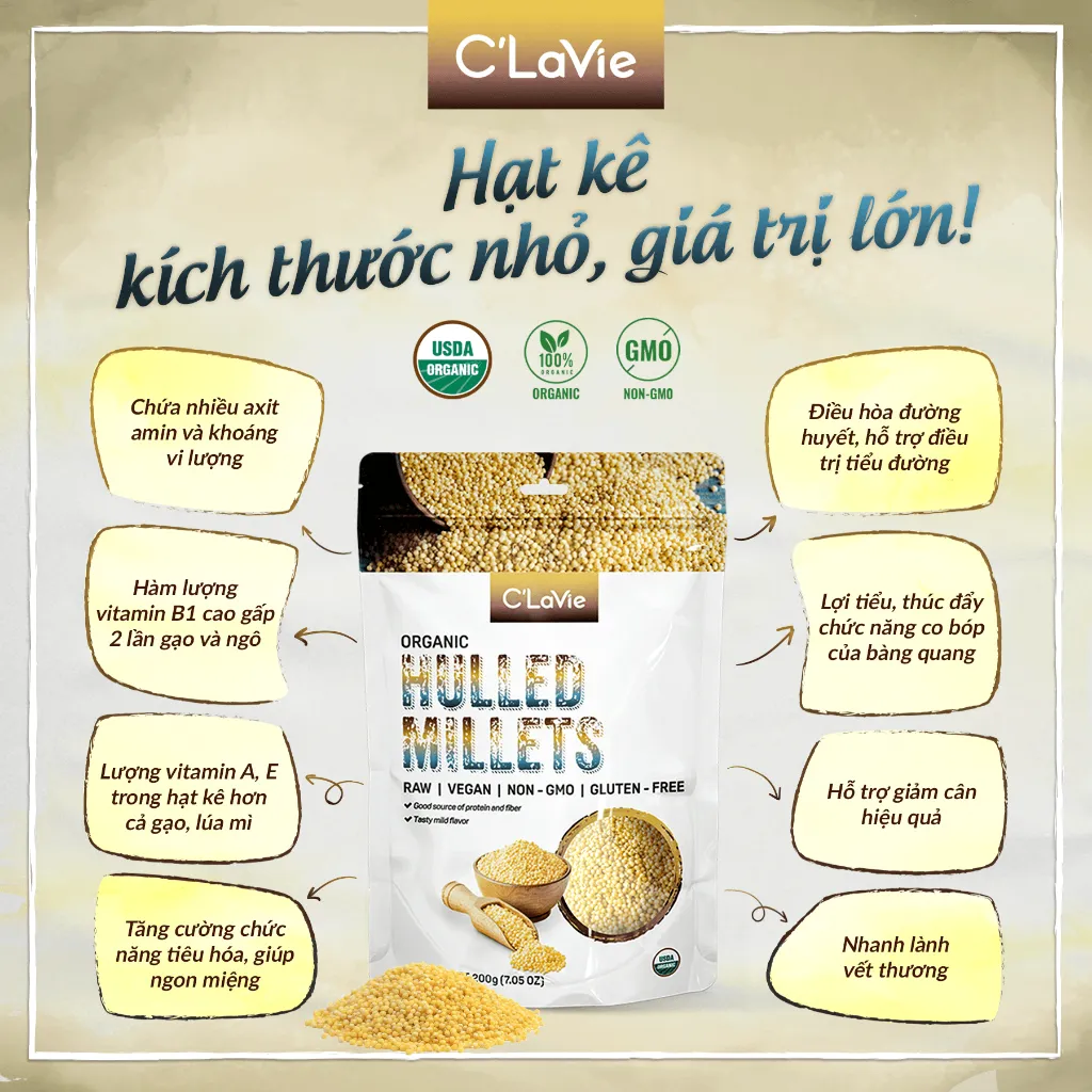 Ảnh Hạt kê nếp vàng đã tách vỏ hữu cơ C'LaVie 200g 1