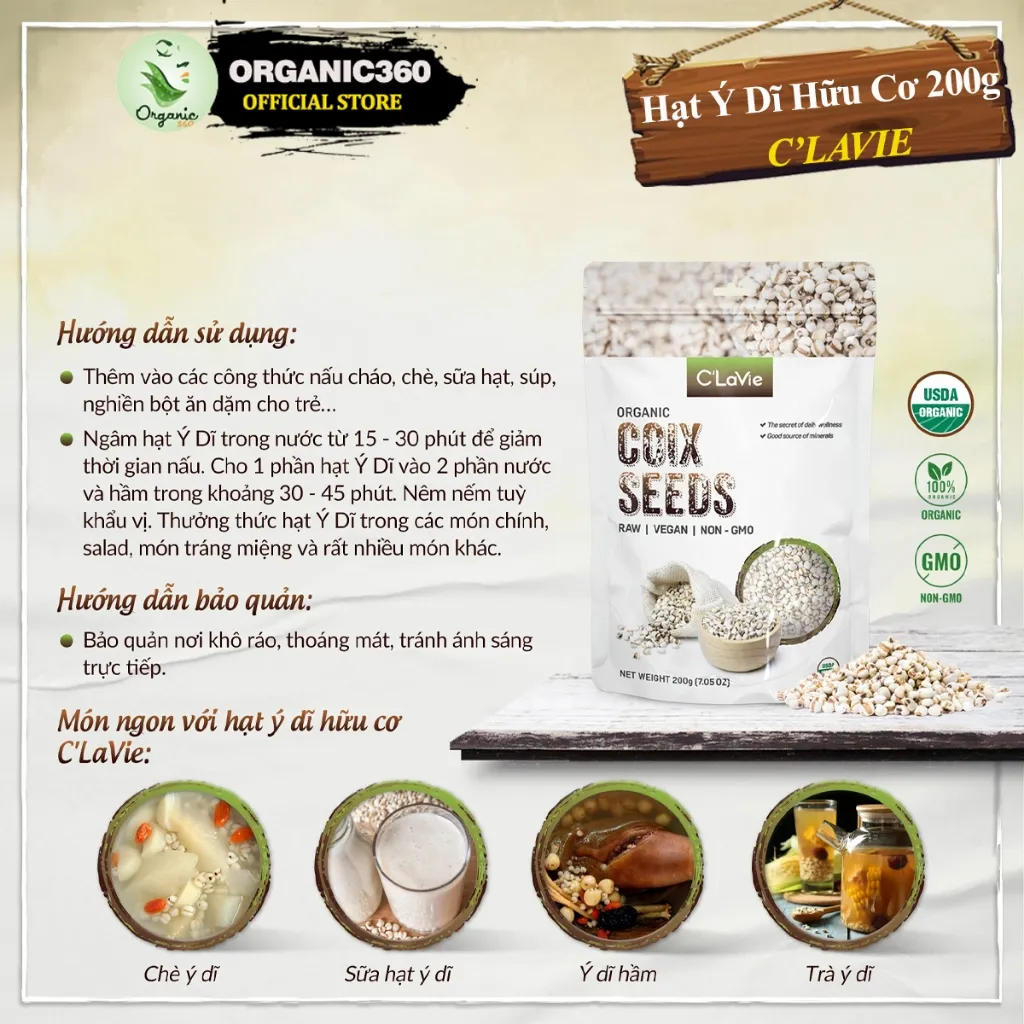 Ảnh Hạt Ý Dĩ Hữu Cơ C’LAVIE 200g Organic Coix Seeds 2