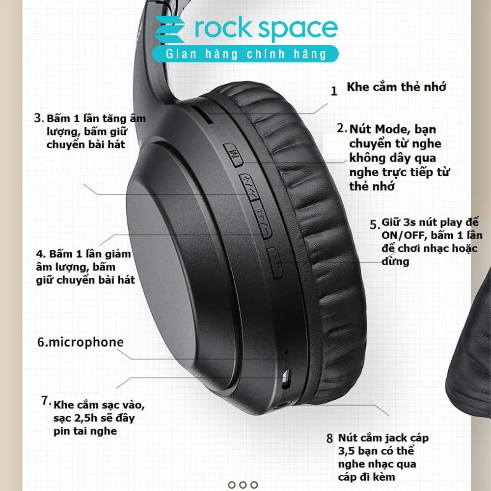 Ảnh Headphone tai nghe bluetooth chụp tai không dây Rockspace O2 có mic hàng chính hãng BH 1 năm 2