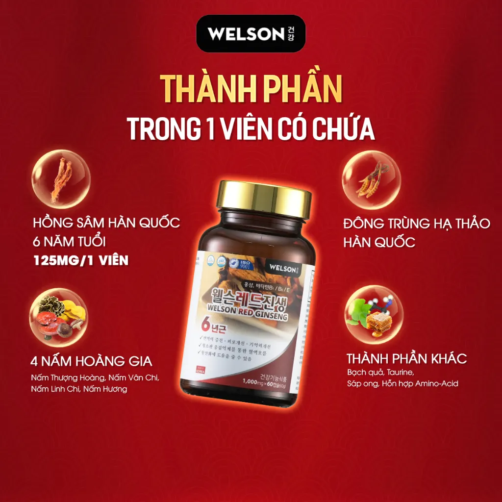 Ảnh Hồng Sâm Hàn Quốc Đông Trùng Hạ Thảo Tăng Cường Sức Khỏe Welson Red Ginseng 30 Viên 2