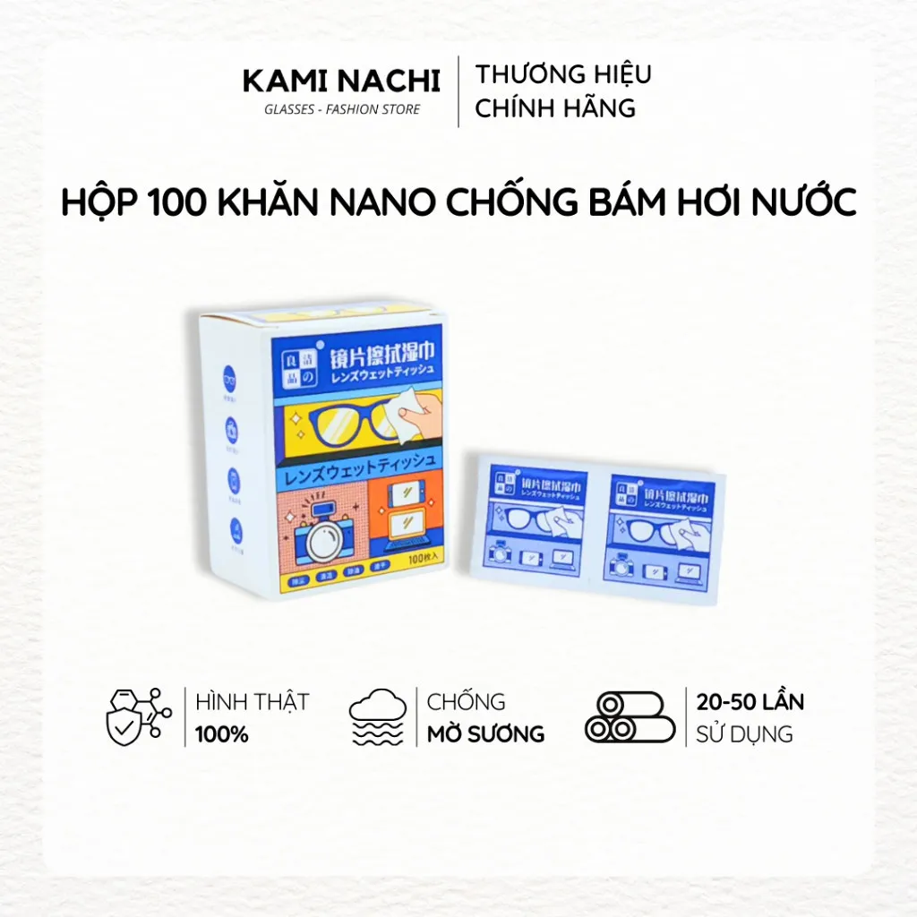 Ảnh Hộp 100 miếng khăn lau nano hàng loại 1 KAMI NACHI dùng 1 lần - Chống bám hơi nước, chống mờ sương cho kính 1
