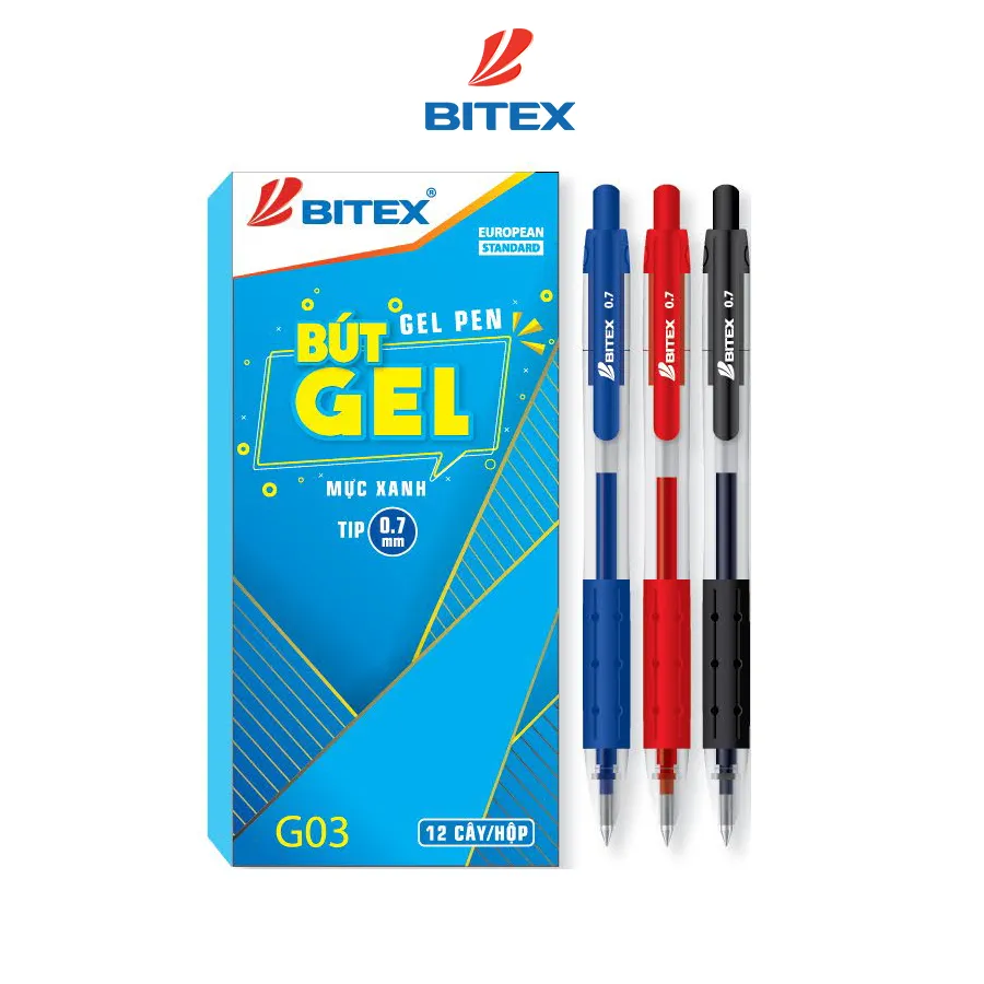 Ảnh Hộp 12 Bút gel Bitex G03 mực đỏ, đen, xanh (0.7mm) 2