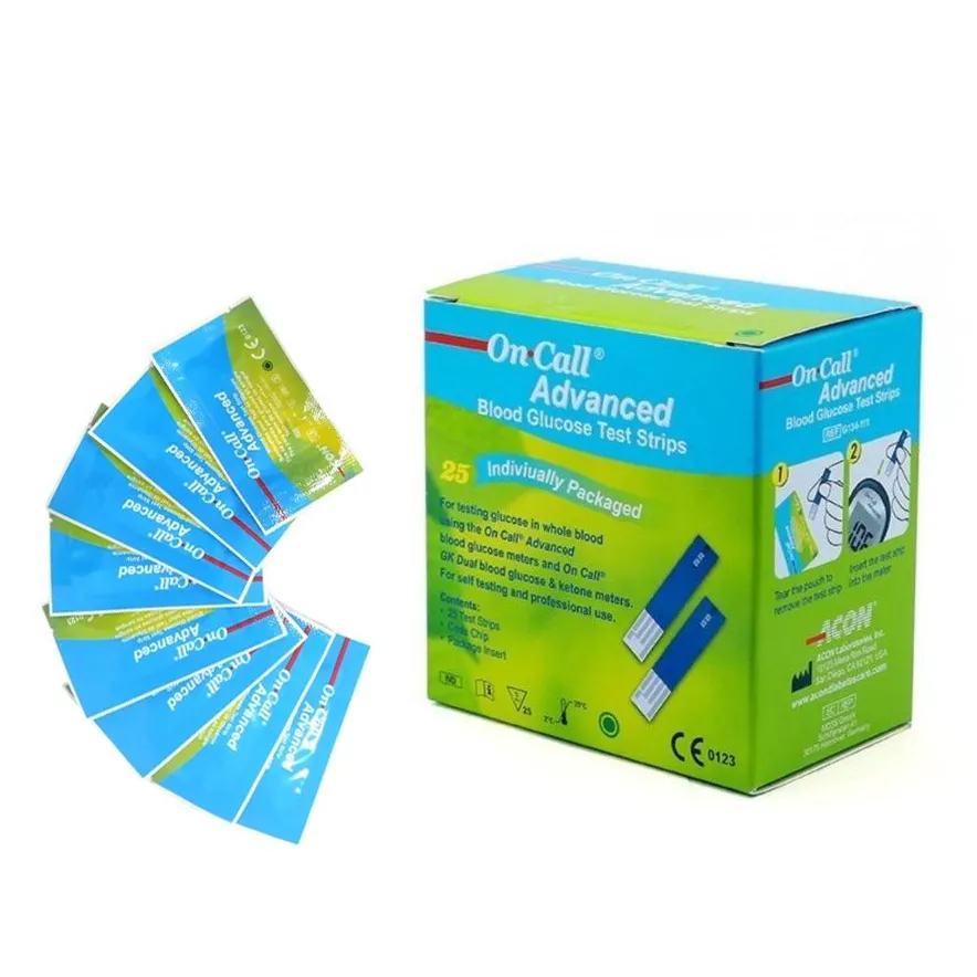 Ảnh Hộp 25 Que Thử Đường Huyết On Call® Advanced Mỗi Que Trong Một Túi Nhôm Riêng 1