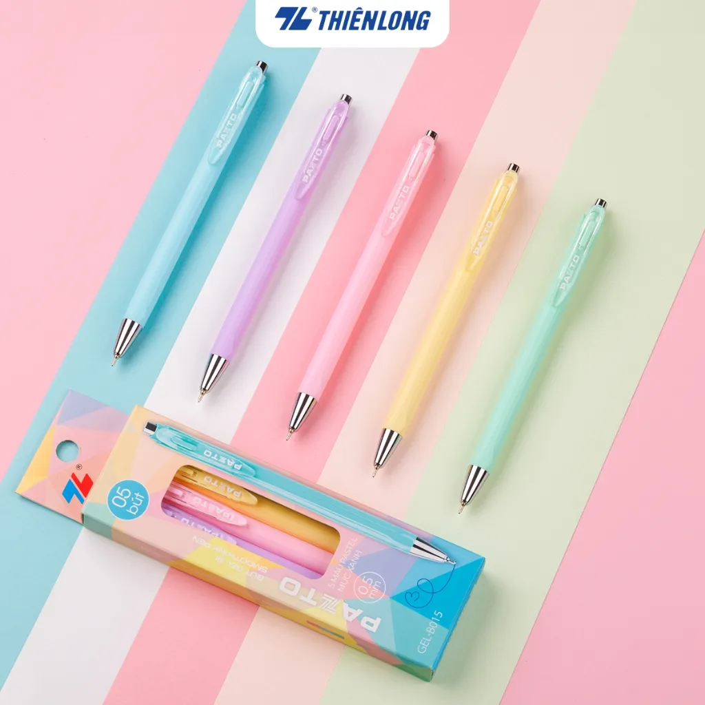 Ảnh Hộp 5 Bút gel bi Pazto Thiên Long Smooth Ink Pen ngòi 0.5mm - Mực xanh viết trơn êm, thân bút 5 màu tone pastel GEL-B015 2