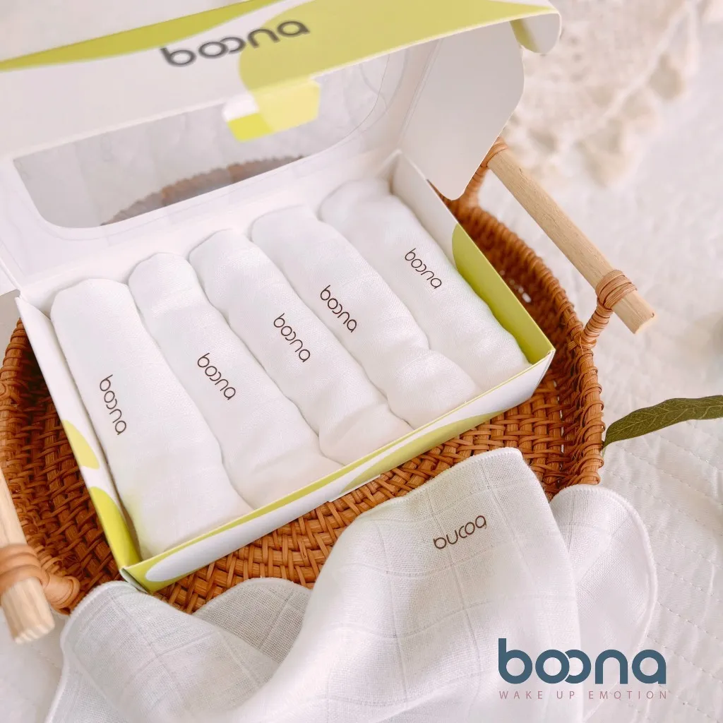 Ảnh Hộp 5 Khăn Sữa Cao Cấp BOONA S5B1  – Vải Sợi Tre Mềm Mịn, Không Xù Lông, Kháng Khuẩn, Thấm Hút Tốt, Size 30x30cm IQKAO 2