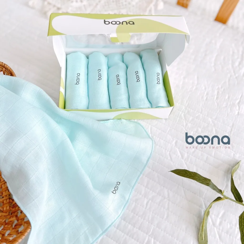 Ảnh Hộp 5 Khăn Sữa Cao Cấp BOONA S5B1  – Vải Sợi Tre Mềm Mịn, Không Xù Lông, Kháng Khuẩn, Thấm Hút Tốt, Size 30x30cm IQKAO 3