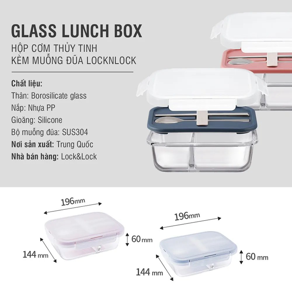 Ảnh Hộp cơm thủy tinh chịu nhiệt chia ngăn kèm muỗng đũa Lock&Lock 930ml LLG991CL (2 màu) 2