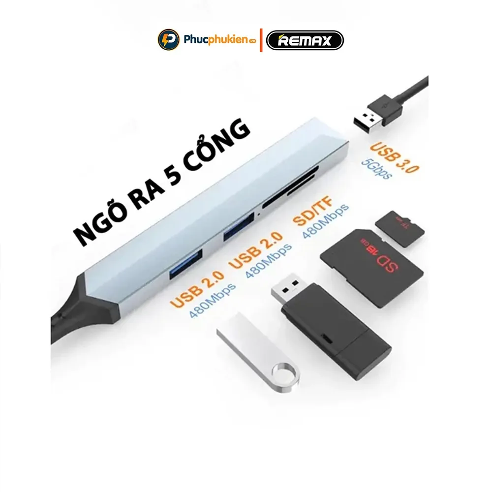 Ảnh Hub chuyển đổi tốc độ cao Remax RU-U7 5 in1 USB A - Type C ra USB 3.0, 2.0, thẻ nhớ - Phúc Phụ Kiện 1