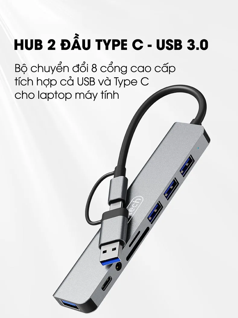 Ảnh Hub type C USB 3.0 mở rộng 8 port SIDOTECH UT8D cáp cổng chuyển đổi 2 đầu in 1 có 3.5 thẻ SD/TF máy tính laptop máy in 1