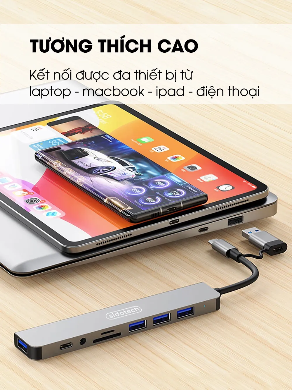 Ảnh Hub type C USB 3.0 mở rộng 8 port SIDOTECH UT8D cáp cổng chuyển đổi 2 đầu in 1 có 3.5 thẻ SD/TF máy tính laptop máy in 2