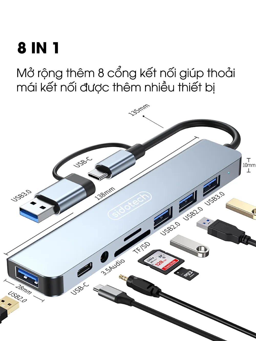 Ảnh Hub type C USB 3.0 mở rộng 8 port SIDOTECH UT8D cáp cổng chuyển đổi 2 đầu in 1 có 3.5 thẻ SD/TF máy tính laptop máy in 3