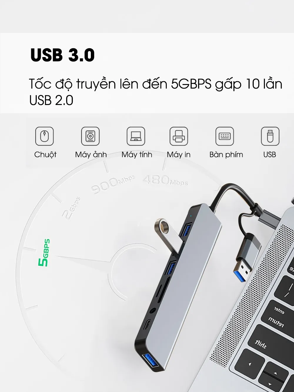 Ảnh Hub type C USB 3.0 mở rộng 8 port SIDOTECH UT8D cáp cổng chuyển đổi 2 đầu in 1 có 3.5 thẻ SD/TF máy tính laptop máy in 4