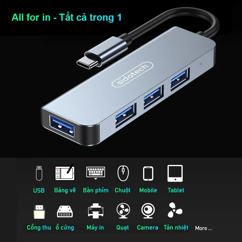 Ảnh HUB Type C và HUB USB 3.0 tốc độ cao SIDOTECH cổng chia usb mở rộng kết nối chuyển đổi cho laptop táo Laptop PC 3