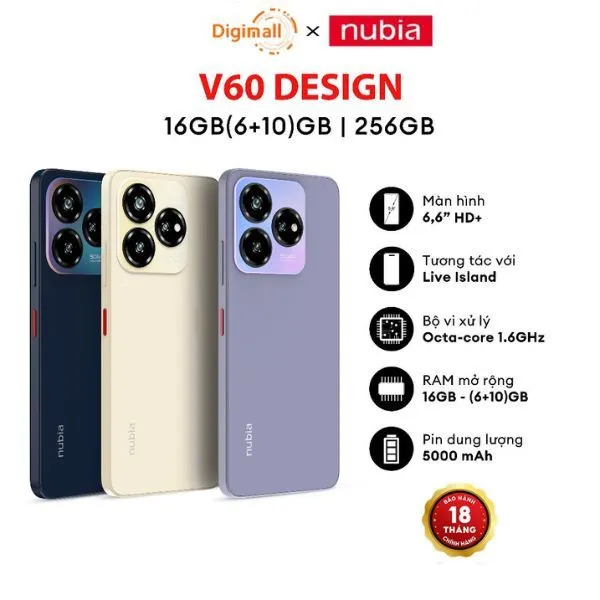 Ảnh Điện Thoại Nubia V60 Design | 16(6+10)GB/256GB | 6.6'' HD+ | Octa Core 1.6GHZ | 5000mAh 22.5W 1