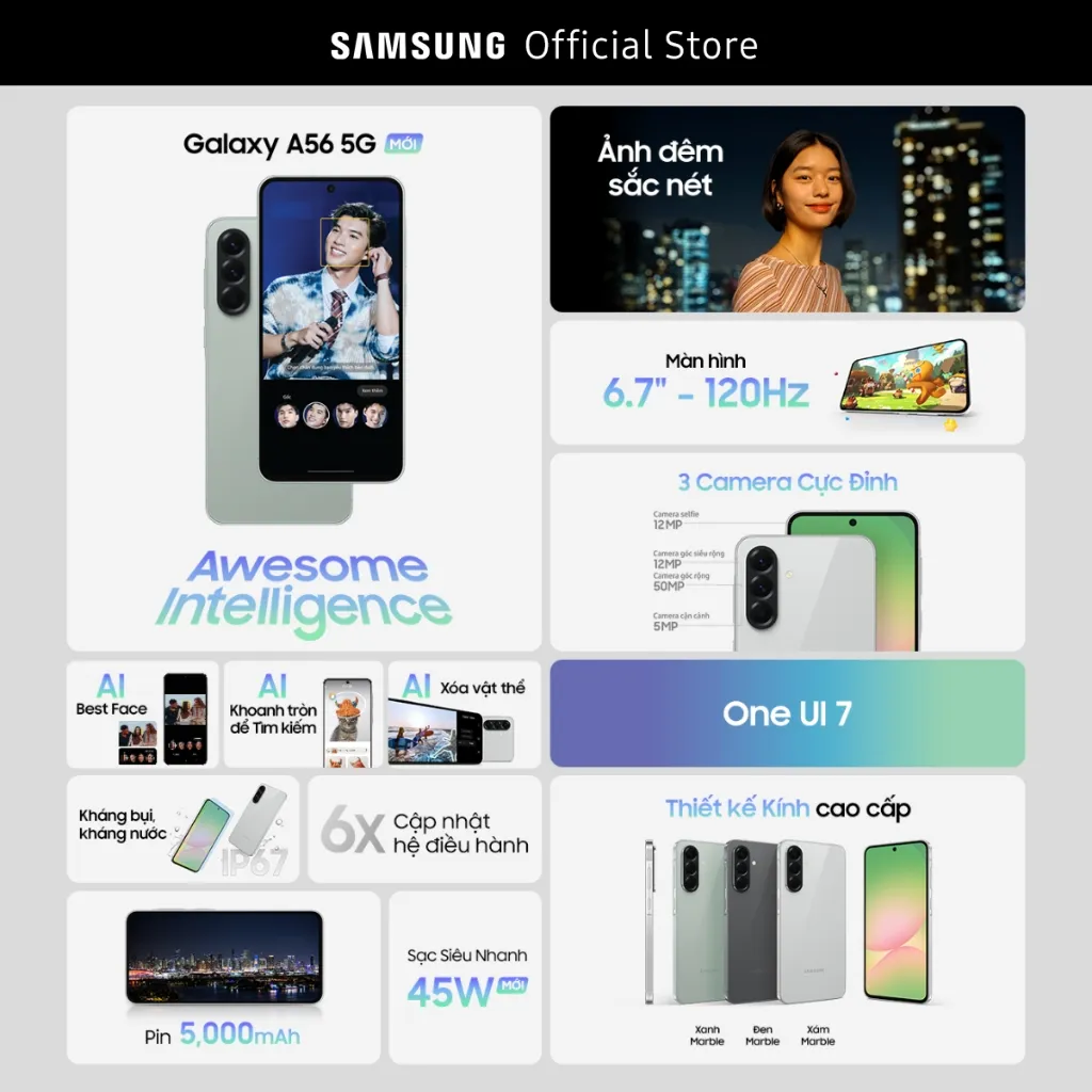 Ảnh Điện thoại Samsung Galaxy A56 5G (8/128GB), Màn Hình FHD 6.7”, Mặt lưng kính, AI-Best Face 2