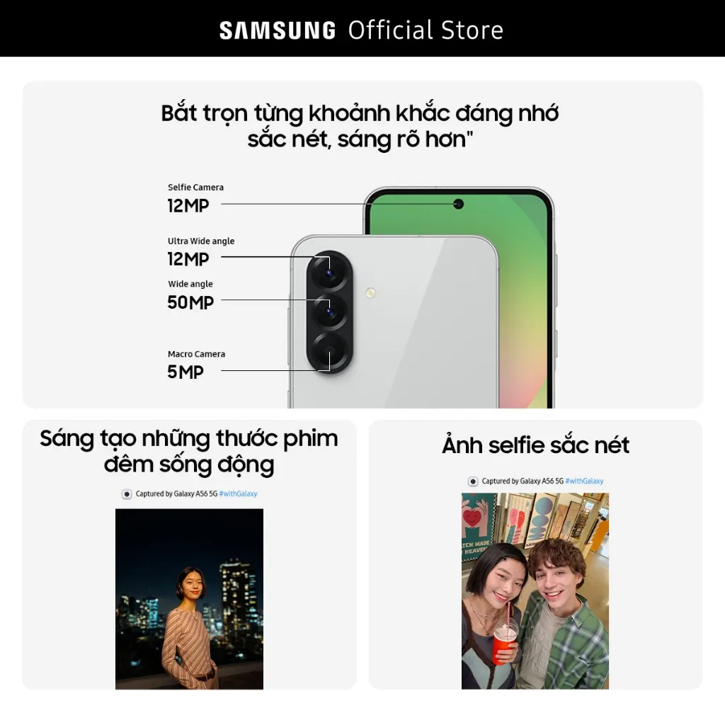 Ảnh Điện thoại Samsung Galaxy A56 5G (8/128GB), Màn Hình FHD 6.7”, Mặt lưng kính, AI-Best Face 3