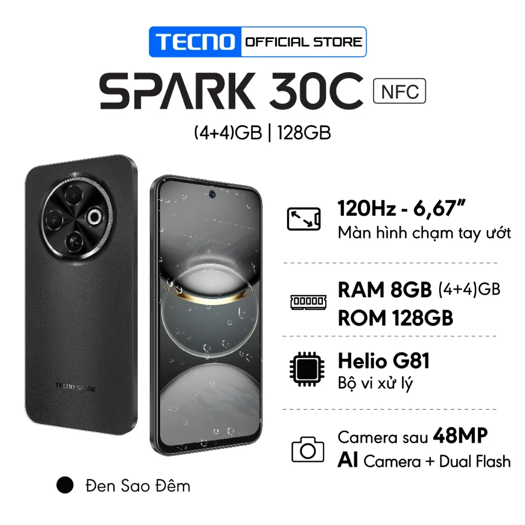 Ảnh Điện thoại Tecno Spark 30C (4+4)GB/128GB - Helio G81 | 5000 mAh | Sạc nhanh 18W 2