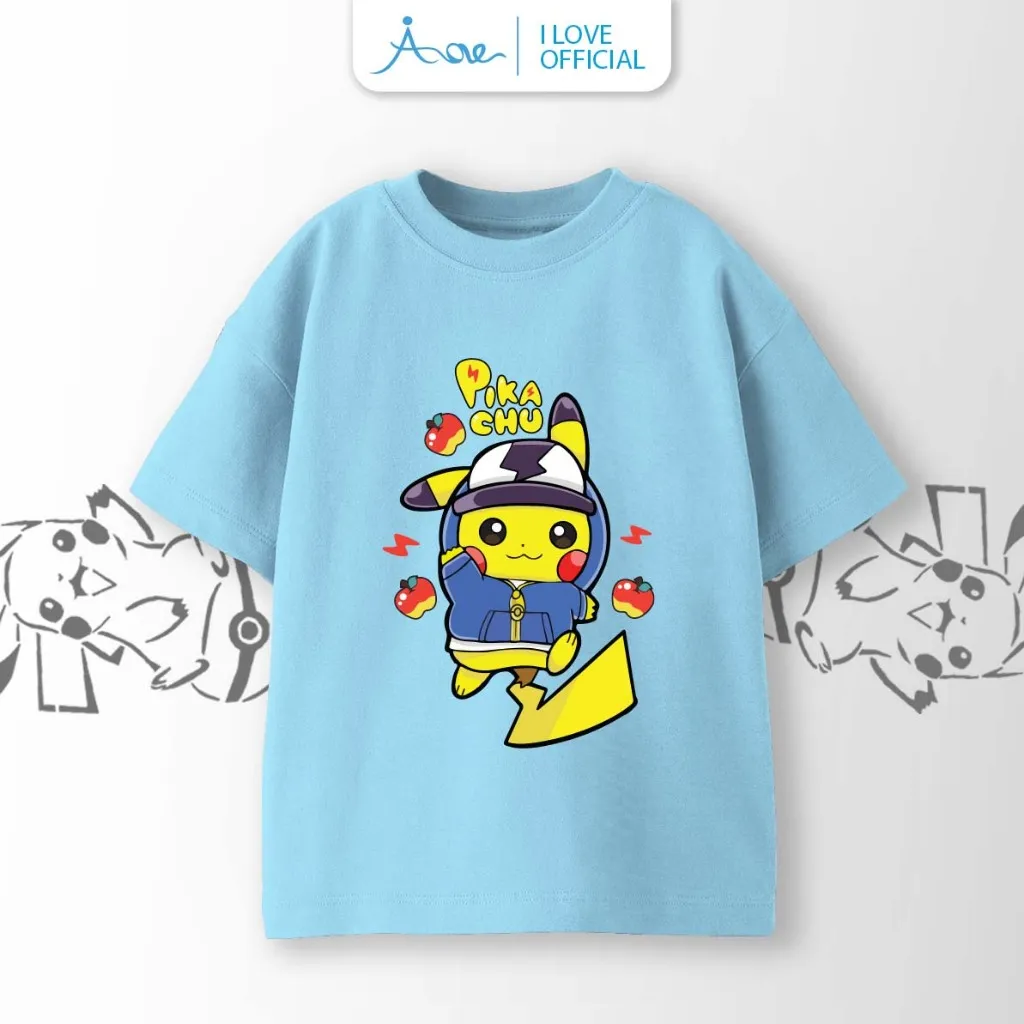 Ảnh ILOVE Áo thun cộc tay Pokémon PIKACHU, áo phông tay ngắn chất COTTON mềm mịn, thoáng mát dành cho bé trai 8.5-32kg 2