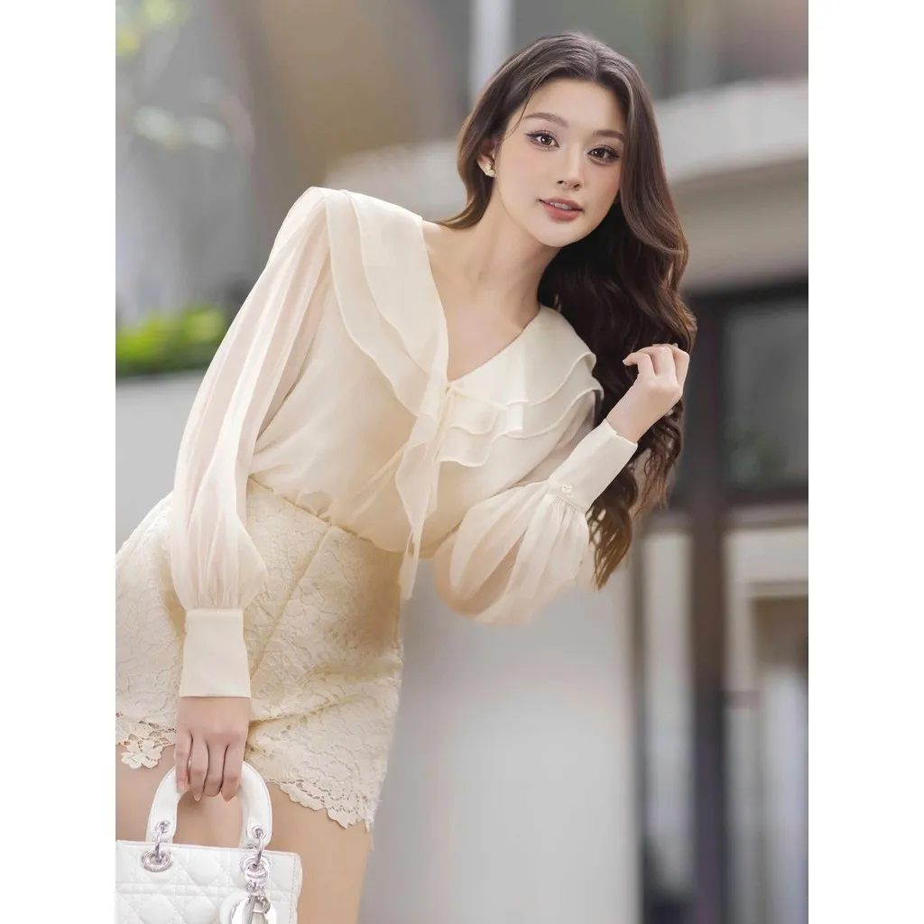 Ảnh JOVEN Áo Sơ Mi Sera Cổ Bèo 2 Lớp Tay Dài Bồng Nhẹ 3