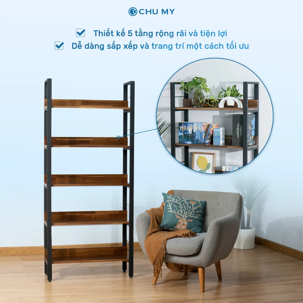 Ảnh Kệ để đồ đa năng CHU MY gỗ tràm 5 tầng, khung thép sơn tĩnh điện, mặt gỗ 17mm, 25.5KG 2